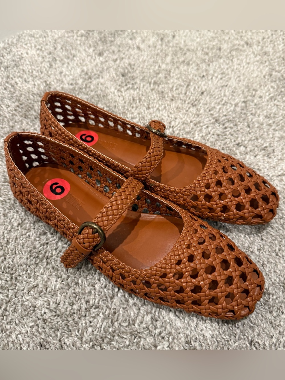 Hand Woven Ballet Flats - Mary Jane Adjustable Strap & Memory Foam Cognac Size 6